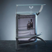 Contemporary Metal Glass Top Home Bar Unit in Silver — Studio Shot