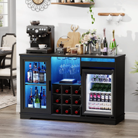 Wine Bar Cabinet with Fridge (Included), 47" Liquor Coffee Bar Cabinet with LED Lights & Rack, Mini Fridge Cabinet with Storage, Human Body Sensor, Buffet Sideboard for Dining Room, Black