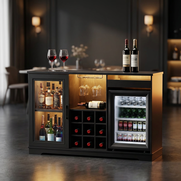 Wine Bar Cabinet with Fridge (Included), 47" Liquor Coffee Bar Cabinet with LED Lights & Rack, Mini Fridge Cabinet with Storage, Human Body Sensor, Buffet Sideboard for Dining Room, Black