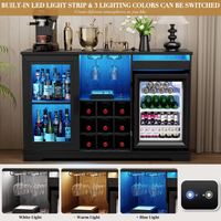 Wine Bar Cabinet with Fridge (Included), 47" Liquor Coffee Bar Cabinet with LED Lights & Rack, Mini Fridge Cabinet with Storage, Human Body Sensor, Buffet Sideboard for Dining Room, Black