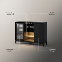 Wine Bar Cabinet with Fridge (Included), 47" Liquor Coffee Bar Cabinet with LED Lights & Rack, Mini Fridge Cabinet with Storage, Human Body Sensor, Buffet Sideboard for Dining Room, Black — Feature Infographic
