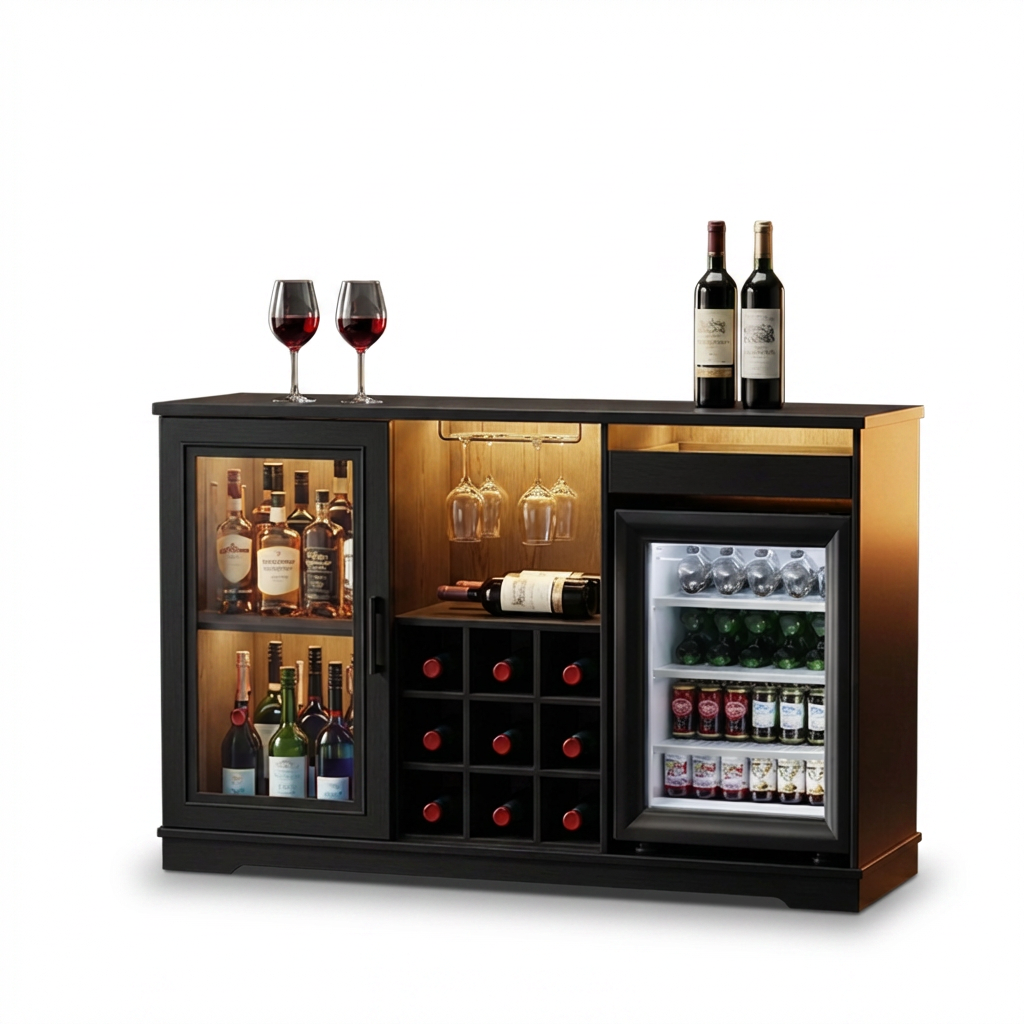 Wine Bar Cabinet with Fridge (Included), 47" Liquor Coffee Bar Cabinet with LED Lights & Rack, Mini Fridge Cabinet with Storage, Human Body Sensor, Buffet Sideboard for Dining Room, Black — Studio Shot